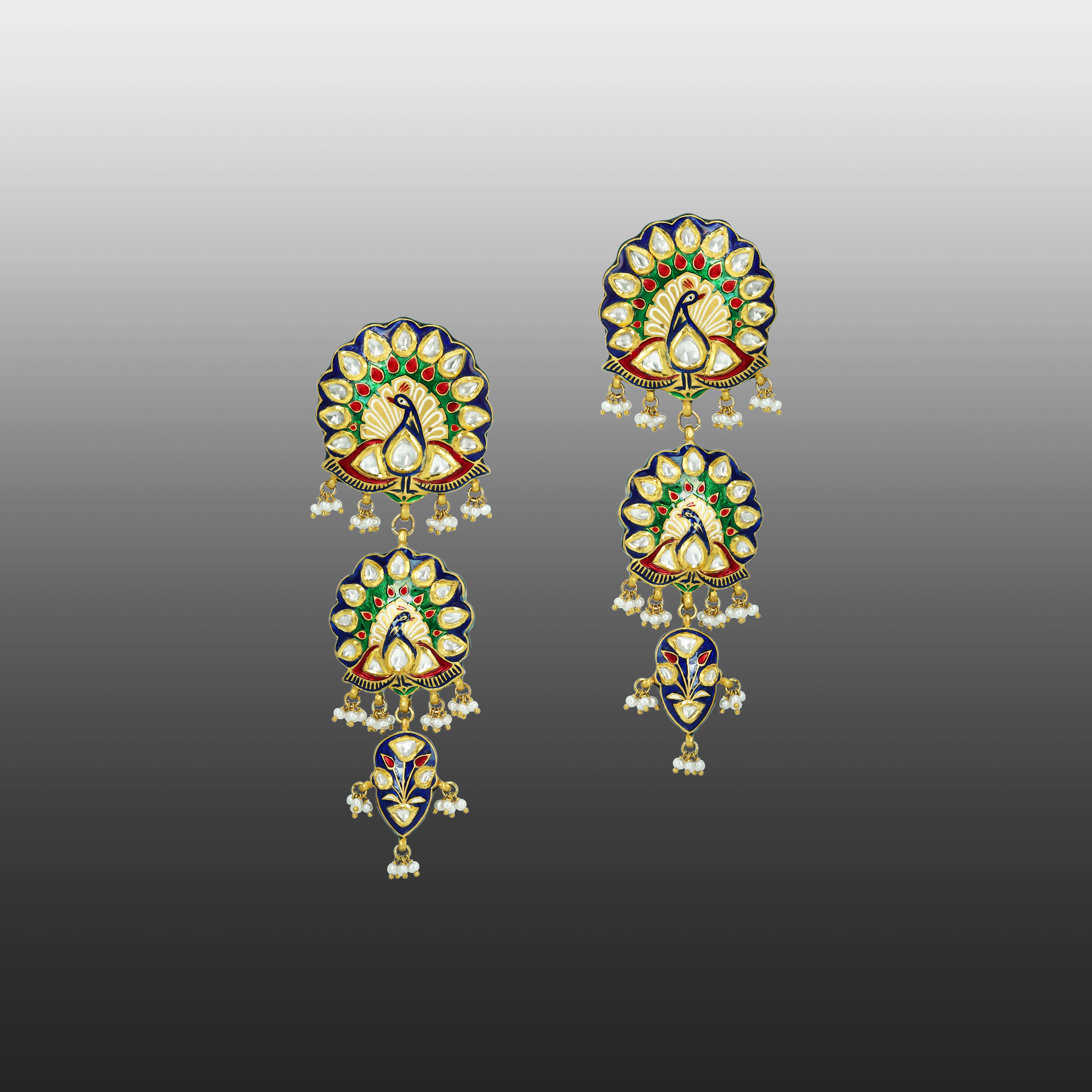 Peacock Motif Earrings with Polkis, Enamel, and Pearls